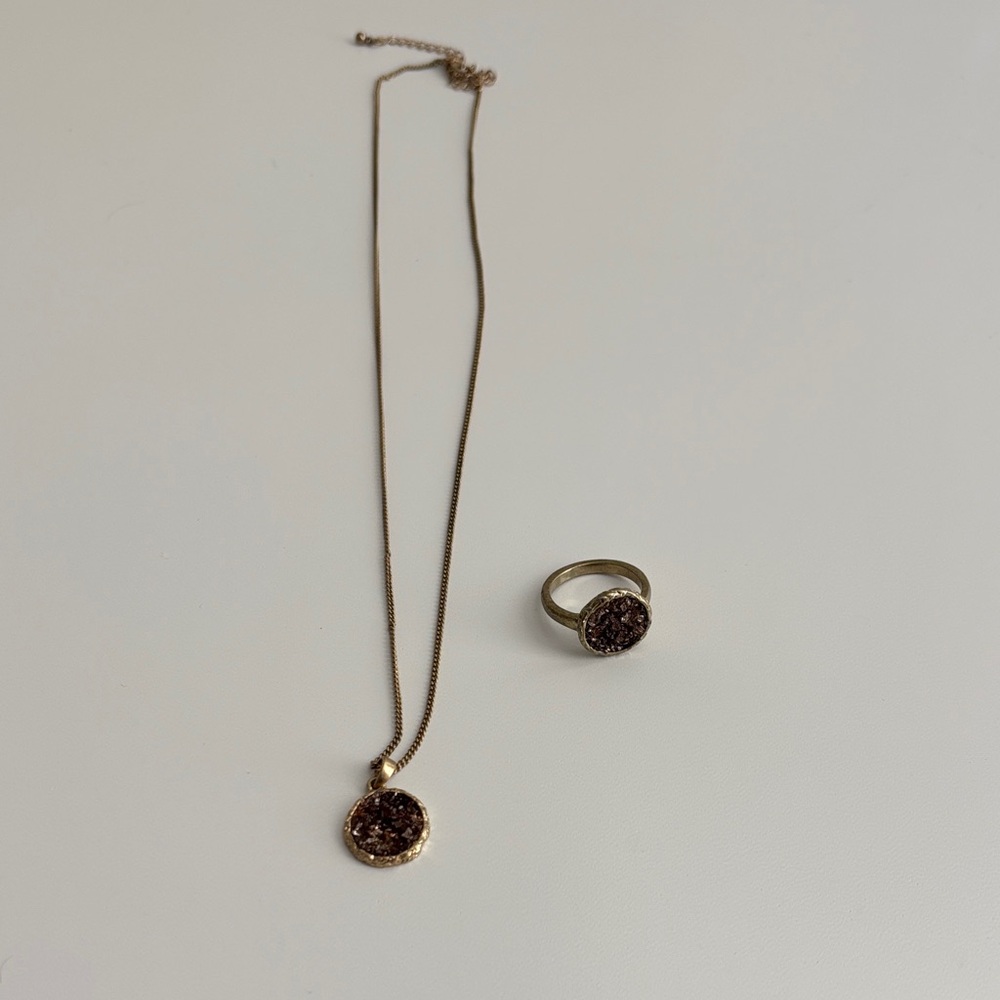 Gold Druzy Necklace and Ring Set